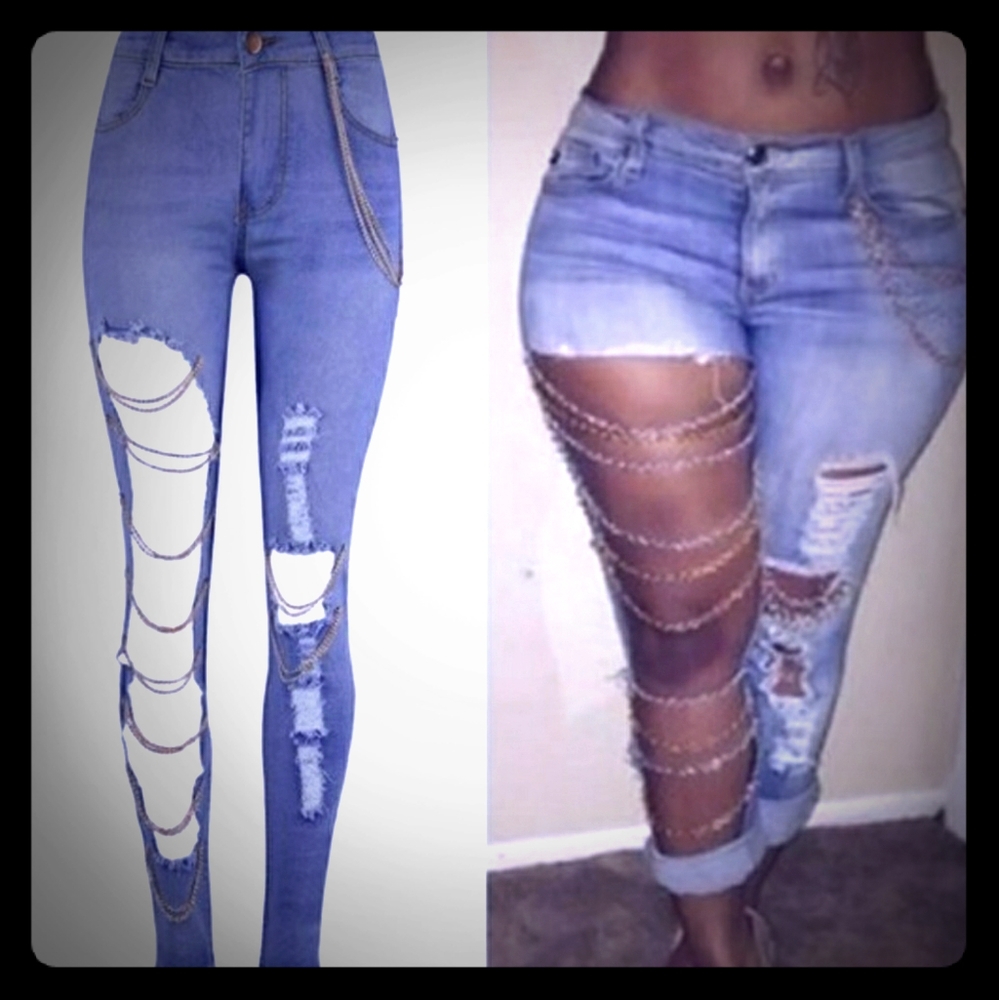 Women Ripped Jeans with Chains